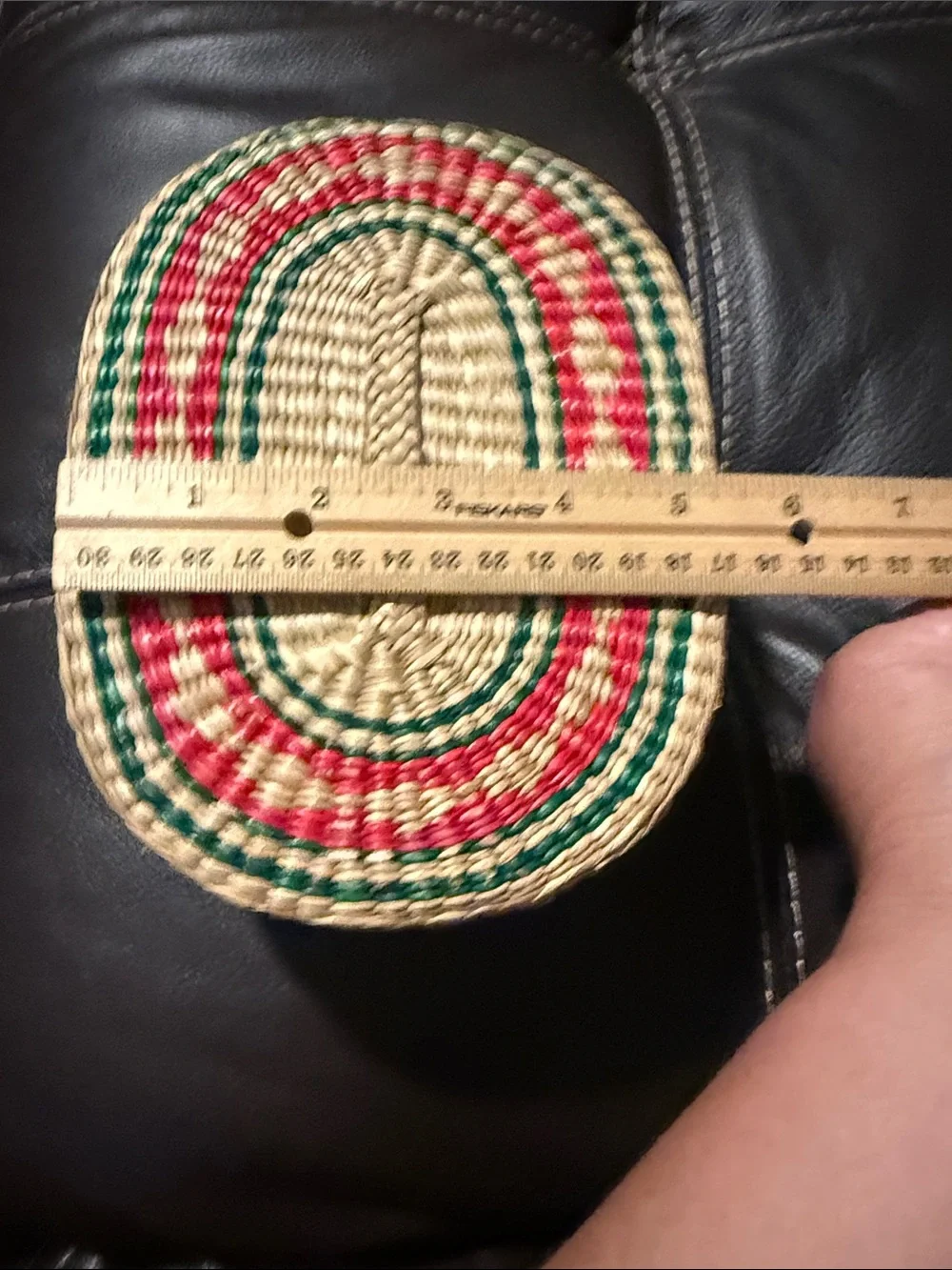 Handwoven Oval Straw Basket with Red and Green Accents